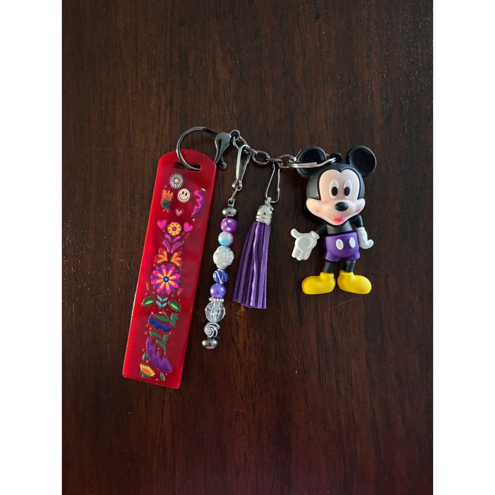 Keychain Bag Charm Red Floral Tag Purple Tassel Beaded